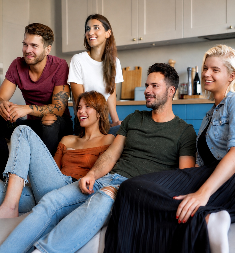 Friends gathered together at home in the evening